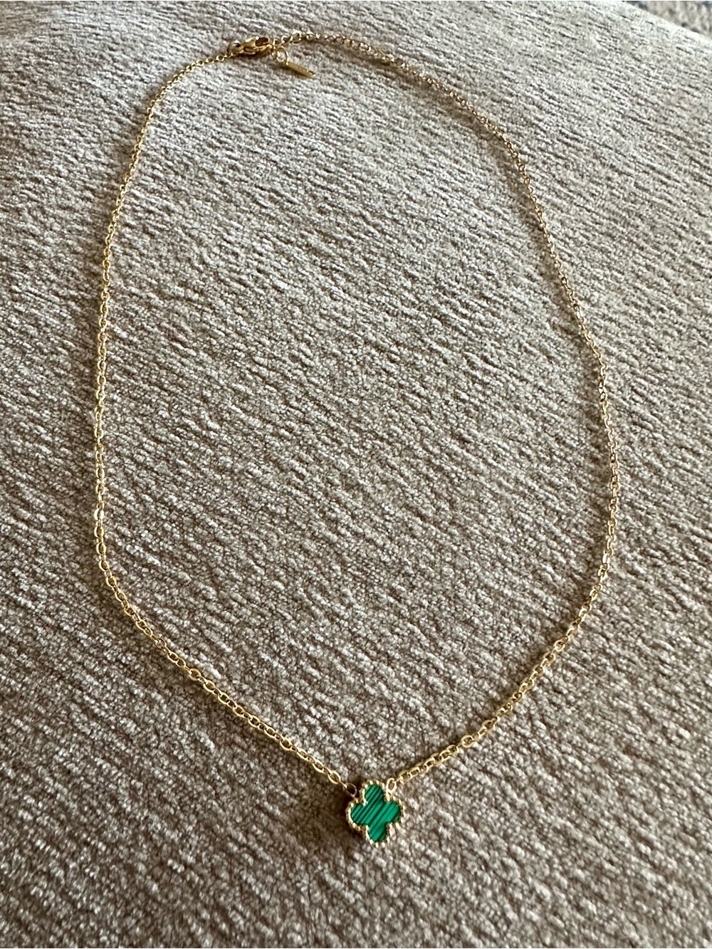 Gold Over Stainless Malachite Green Mini Clover Necklace